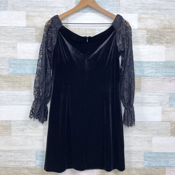 WHBM Off The Shoulder Lace Sleeve Velvet Shift Dress Black Cocktail Womens 6 - Picture 4 of 8